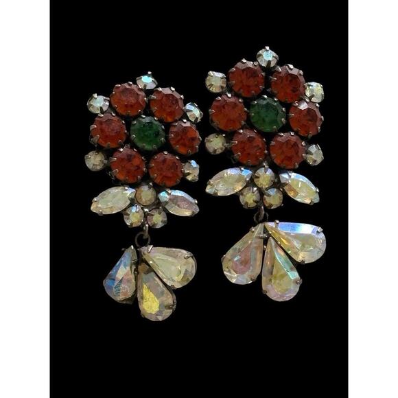 VENDOME Root Beer AB & Green Rhinestone Dangling Vintage Clip Earrings 2" Long - Picture 3 of 9